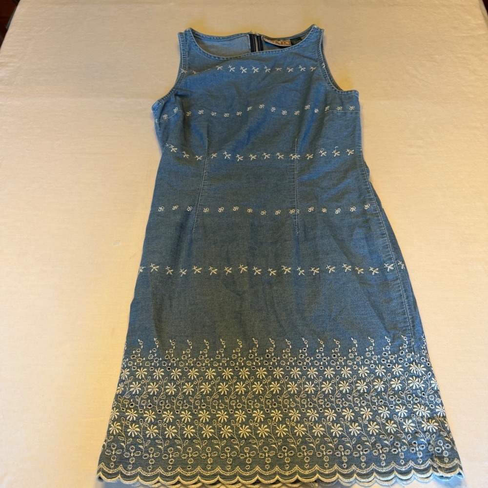 Vintage Express Denim Embroidered Dress Womens 9/10 Blue Sleeveless Y2K Cottage - Picture 8 of 13
